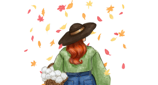 Marker illustration of a plus-size woman from behind wearing a wide-brimmed brown hat, green shirt, and blue jeans, holding a basket of white flowers with falling autumn leaves on a white background.