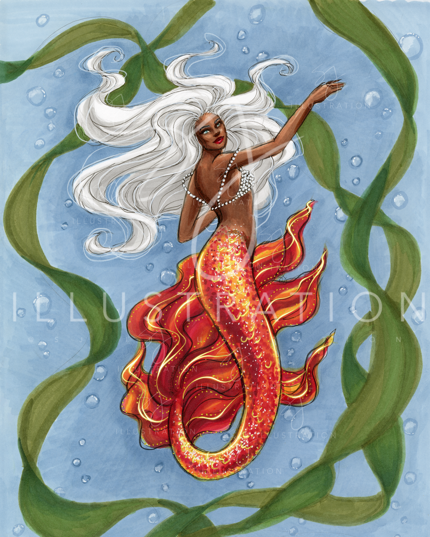 Underwater Flame Mermaid | Fantasy & Myth Illustration (PRINT)