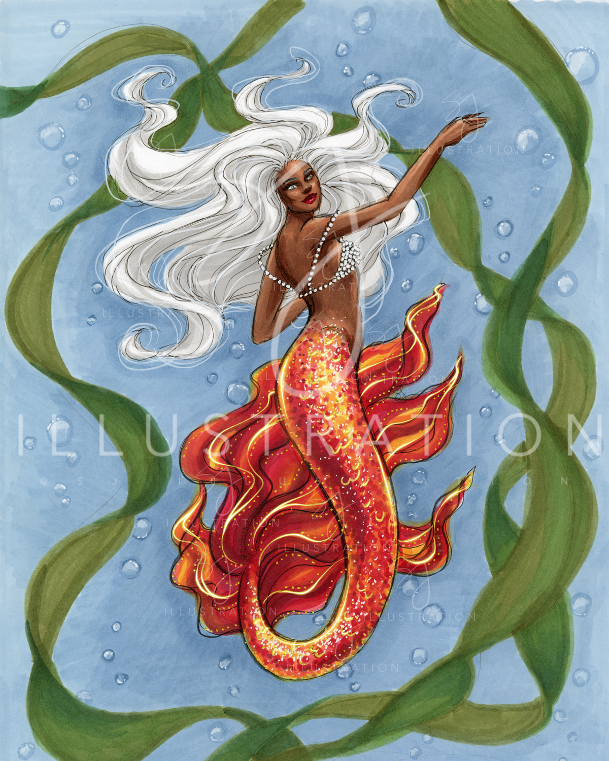 Underwater Flame Mermaid | Fantasy & Myth Illustration (PRINT)
