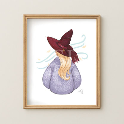 Brrrgundy Knit (Cozy Witch Series)  |  Cozy Witch Illustration (EMBELLISHED PRINT)