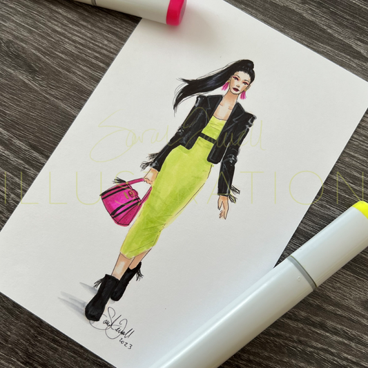 Chartreuse and Leather  |  Casual Fashion Illustration (4x6" ORIGINAL)