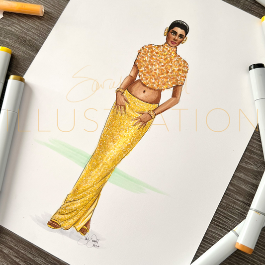 Golden Sparkle Gala Gown | Fashion Illustration (ORIGINAL)