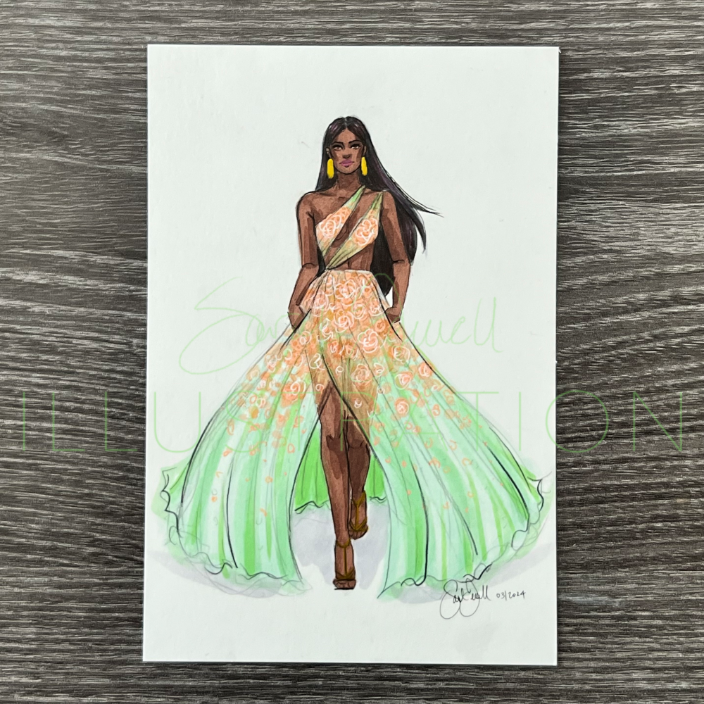 Peach and Mint Gown | Fashion Illustration (ORIGINAL)