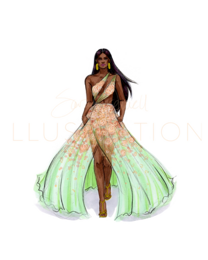 Peach and Mint Gown | Fashion Illustration (PRINT)