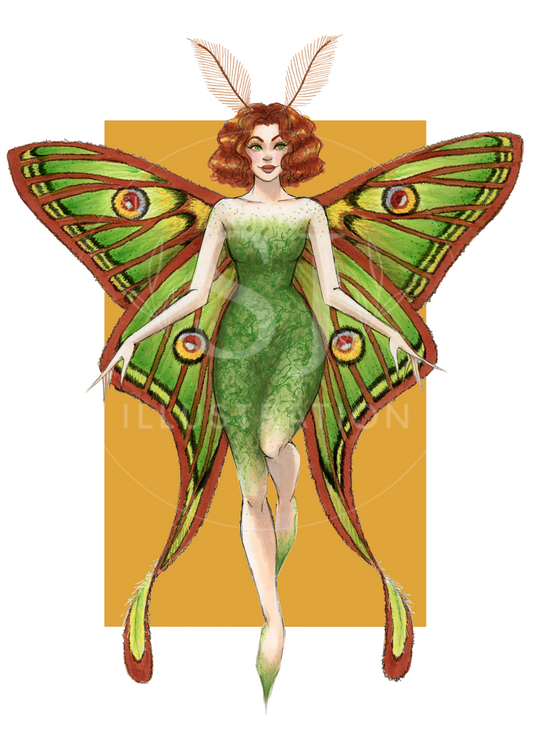 Spanish Moon Moth Forest Fairy  |  Magical Fairy Illustration (ACEO)