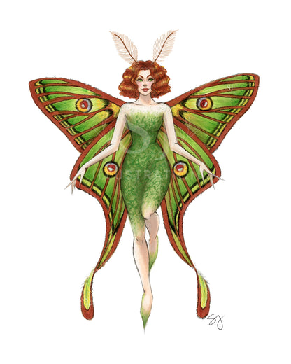 Spanish Moon Moth Forest Fairy  |  Magical Fairy Illustration (EMBELLISHED PRINT)