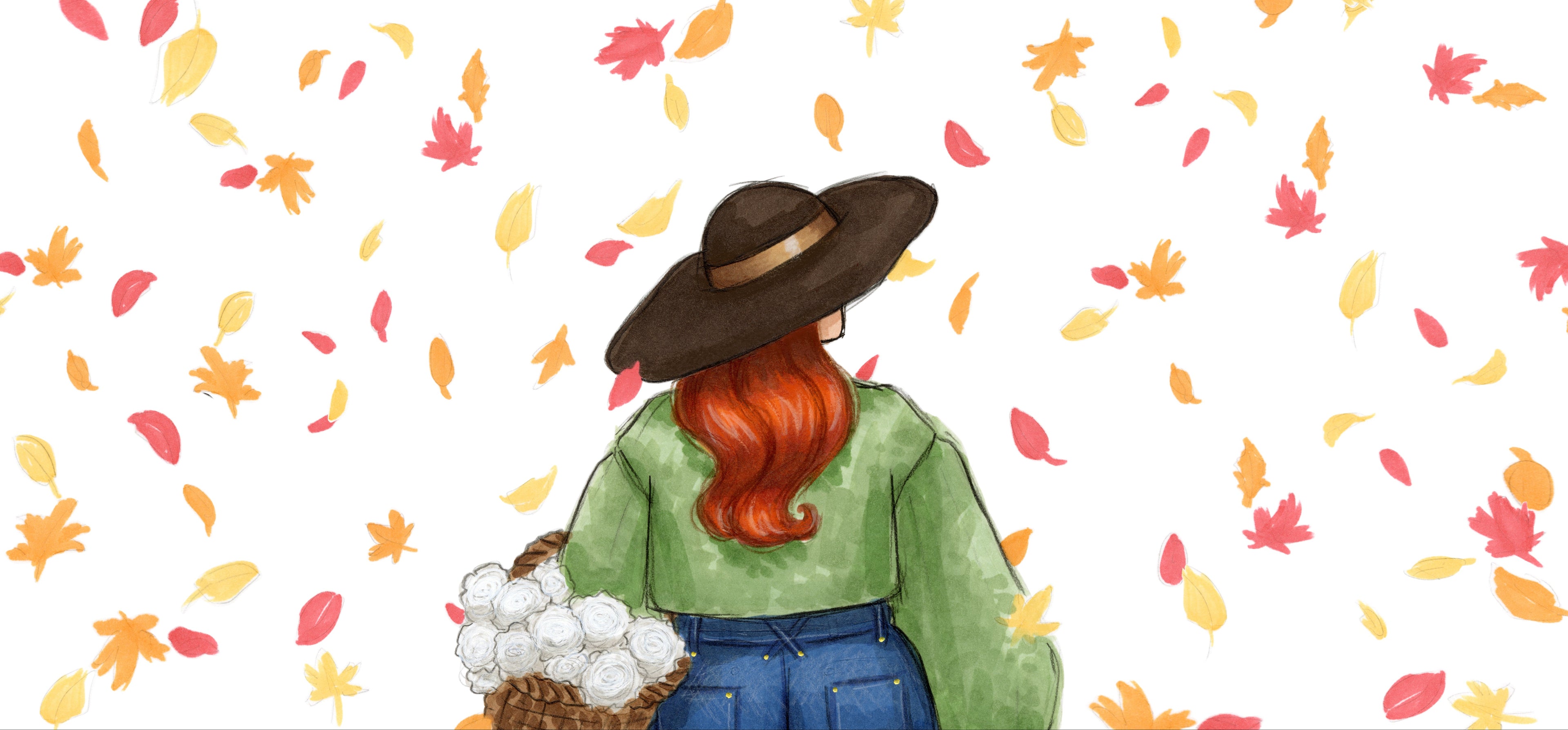 Marker illustration of a curvy woman from behind wearing a wide-brimmed brown hat, green shirt, and blue jeans, holding a basket of white flowers, with scattered autumn leaves in yellow, orange, and red on a white background.